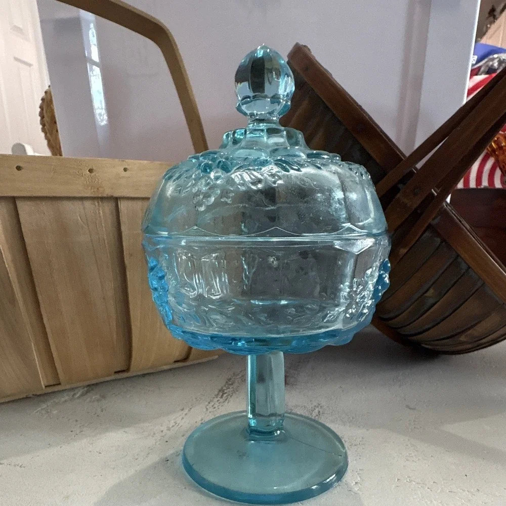 Blue Westmoreland Glass Pedestal Covered Dish/Candy w/ Lid Round Grapes/Leaves